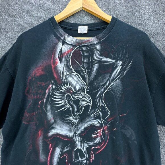 Dragon Skull T Shirt Mens Extra Large Black Red Grunge Punk Goth AOP Gildan - Picture 2 of 11